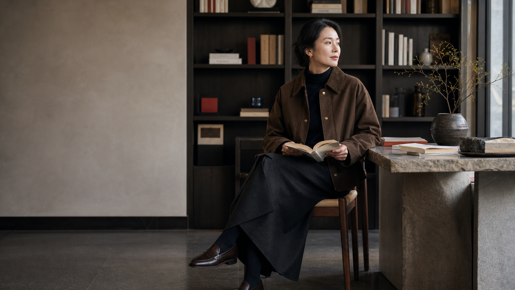 温润室内环境中身着知性巴恩风服装的女性